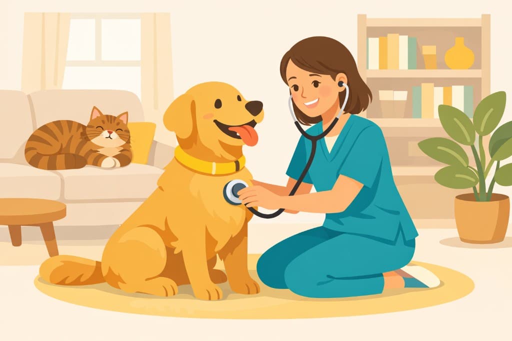 A veterinarian examining a happy golden retriever at home while a cat relaxes on the couch