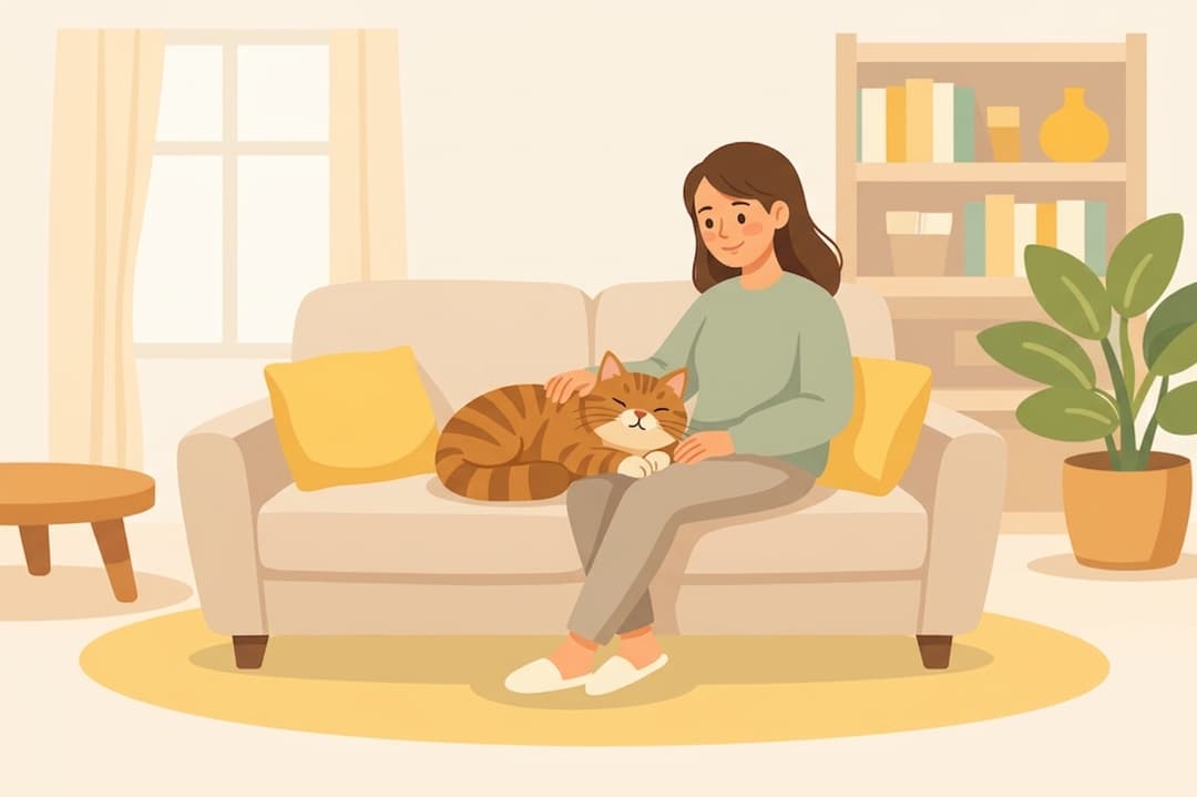 A pet parent relaxing at home with a calm orange tabby cat on the couch