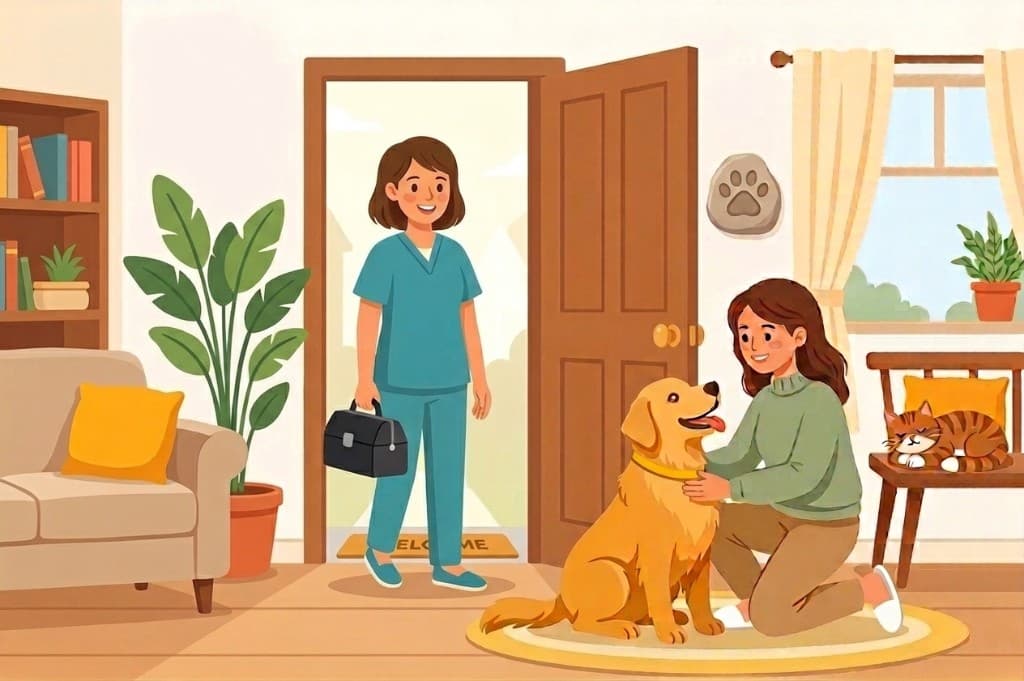 Inside a cozy home, a pet parent and calm golden retriever welcome a mobile veterinarian at the open front door