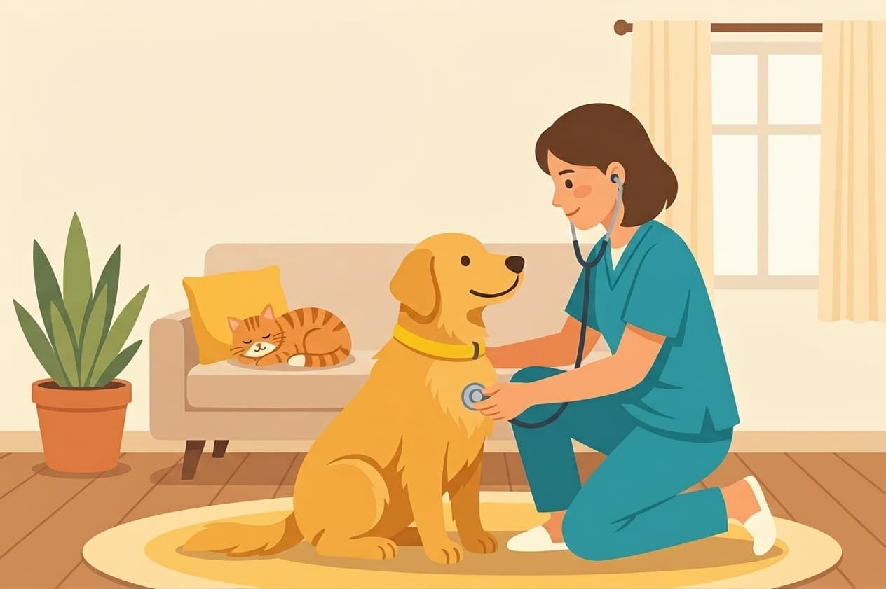 A veterinarian examining a golden retriever at home while a cat rests nearby